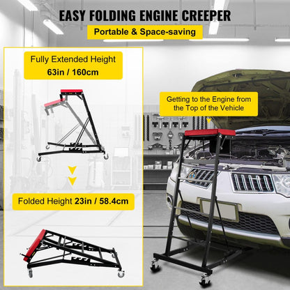 400 LBS over-engine creeper with padded deck and support rods
High-top automotive creeper work stand in use
Foldable engine creeper platform for cars and trucks
Adjustable mechanic creeper with height settings
Engine bay creeper stand with locking wheels and pouch
