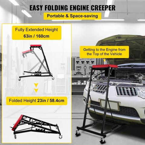 400 LBS over-engine creeper with padded deck and support rods
High-top automotive creeper work stand in use
Foldable engine creeper platform for cars and trucks
Adjustable mechanic creeper with height settings
Engine bay creeper stand with locking wheels and pouch