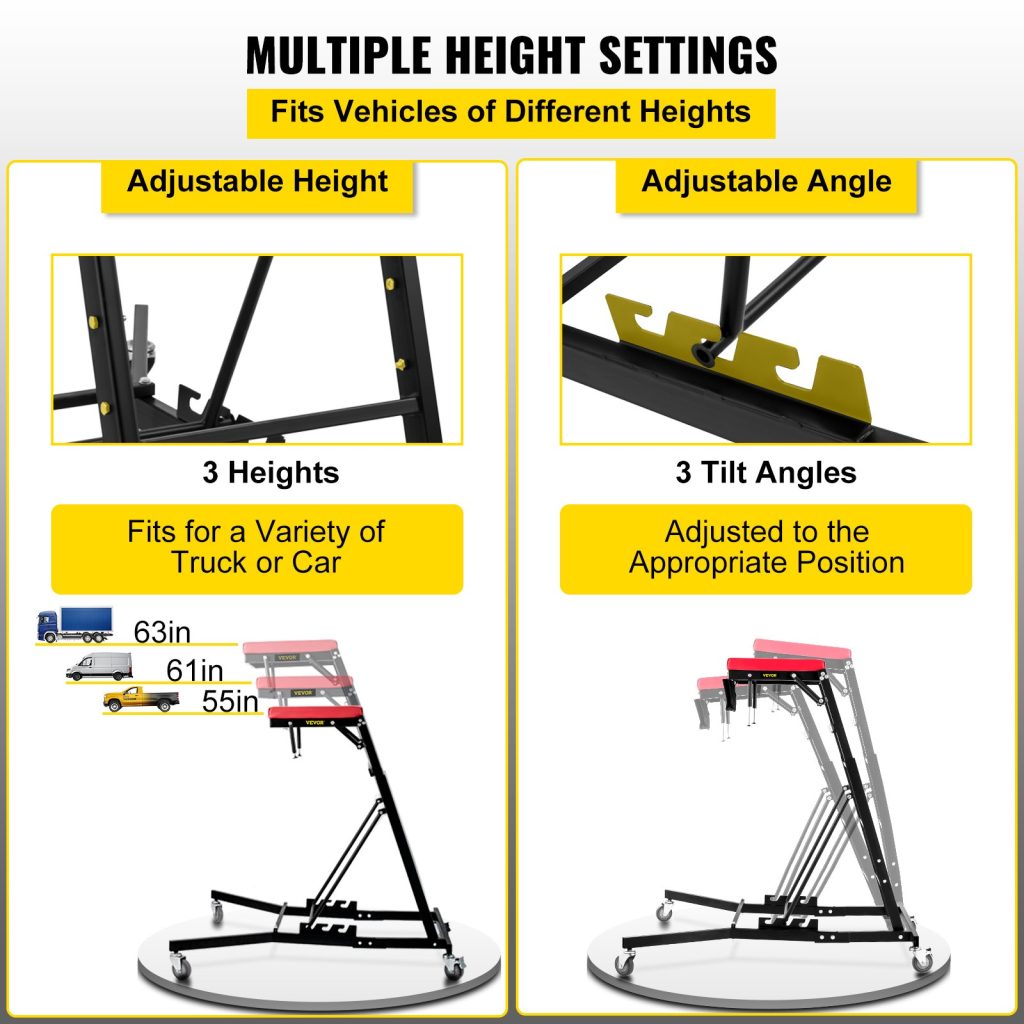 400 LBS over-engine creeper with padded deck and support rods
High-top automotive creeper work stand in use
Foldable engine creeper platform for cars and trucks
Adjustable mechanic creeper with height settings
Engine bay creeper stand with locking wheels and pouch