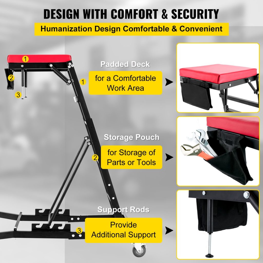 400 LBS over-engine creeper with padded deck and support rods
High-top automotive creeper work stand in use
Foldable engine creeper platform for cars and trucks
Adjustable mechanic creeper with height settings
Engine bay creeper stand with locking wheels and pouch