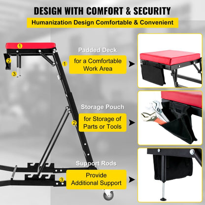 400 LBS over-engine creeper with padded deck and support rods
High-top automotive creeper work stand in use
Foldable engine creeper platform for cars and trucks
Adjustable mechanic creeper with height settings
Engine bay creeper stand with locking wheels and pouch