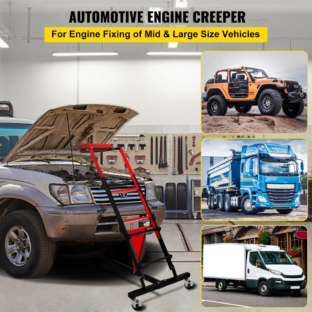 400 LBS over-engine creeper with padded deck and support rods
High-top automotive creeper work stand in use
Foldable engine creeper platform for cars and trucks
Adjustable mechanic creeper with height settings
Engine bay creeper stand with locking wheels and pouch