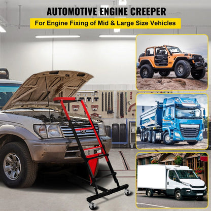 400 LBS over-engine creeper with padded deck and support rods
High-top automotive creeper work stand in use
Foldable engine creeper platform for cars and trucks
Adjustable mechanic creeper with height settings
Engine bay creeper stand with locking wheels and pouch