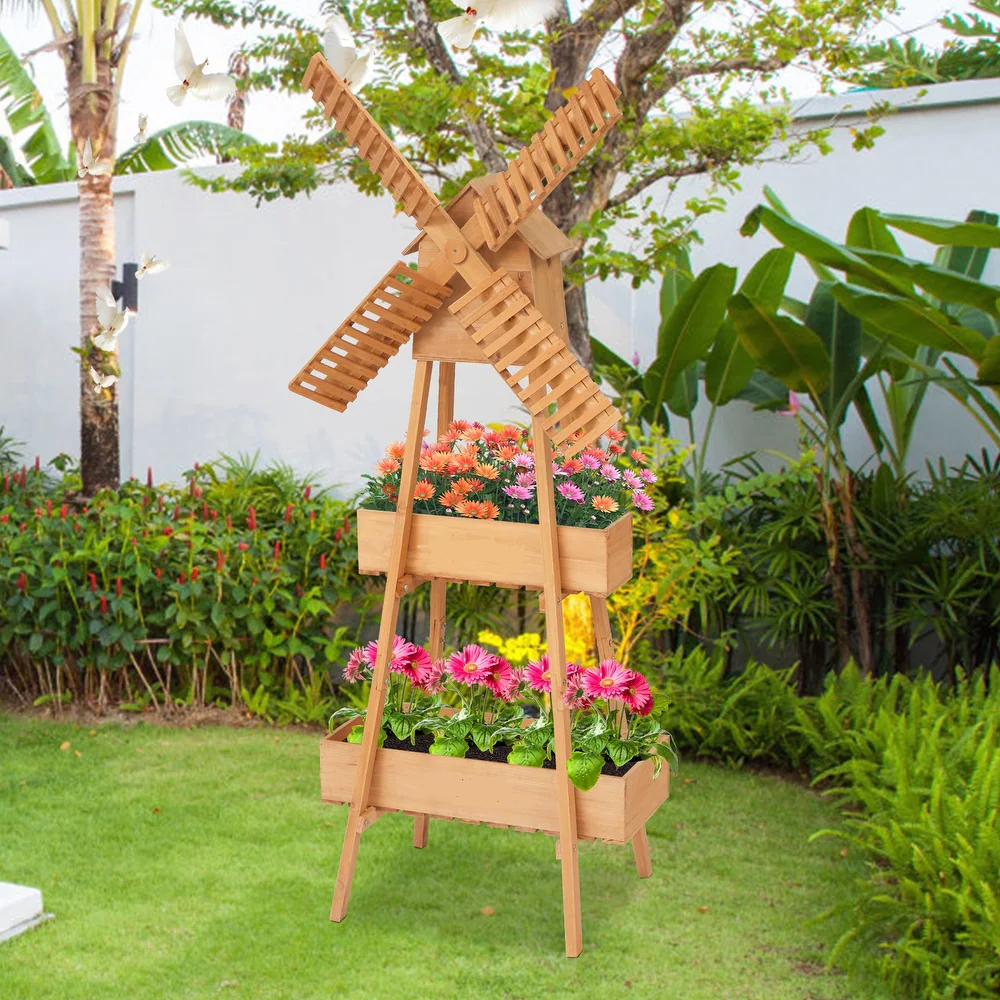 63″ Wooden Garden Windmill with Planter Box Pinewood Outdoor Decor SkuG6028 - with | Sold by Uncle Wiener's Wholesale