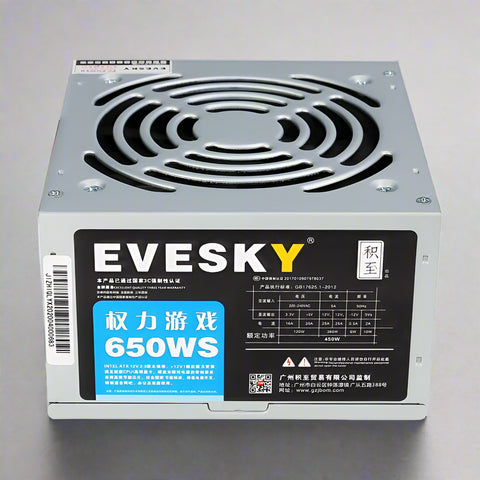 650W modular ATX power supply with flat black cables
80+ Gold-rated PSU with USA plug and quiet fan
Side view of 650W semi-modular gaming PSU