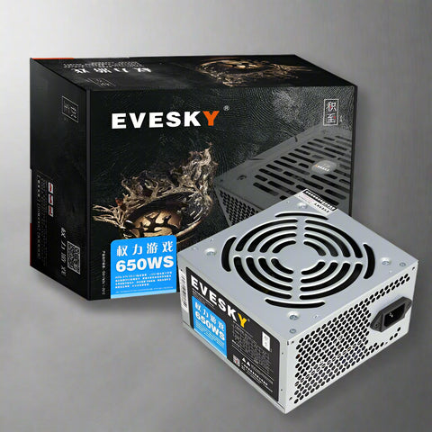 650W modular ATX power supply with flat black cables
80+ Gold-rated PSU with USA plug and quiet fan
Side view of 650W semi-modular gaming PSU