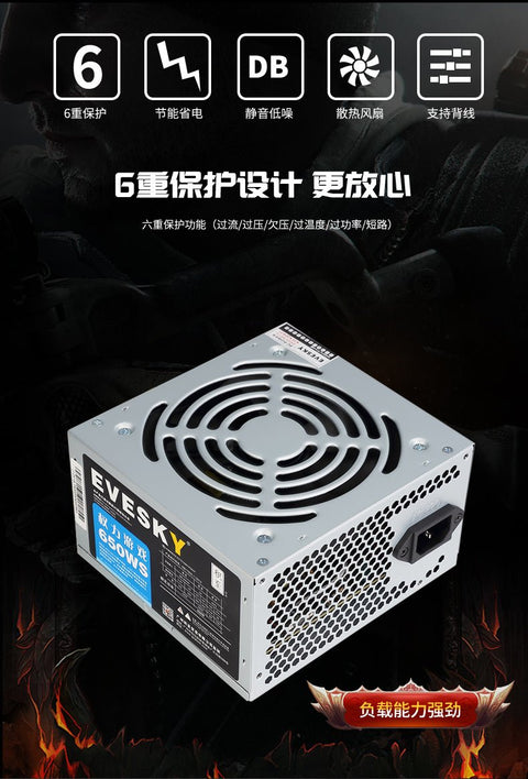 650W modular ATX power supply with flat black cables
80+ Gold-rated PSU with USA plug and quiet fan
Side view of 650W semi-modular gaming PSU