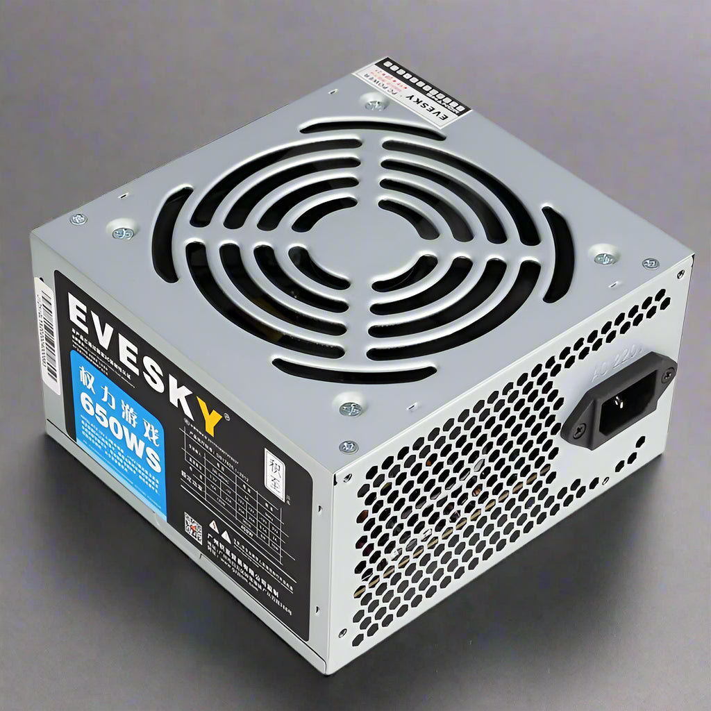 650W modular ATX power supply with flat black cables
80+ Gold-rated PSU with USA plug and quiet fan
Side view of 650W semi-modular gaming PSU
