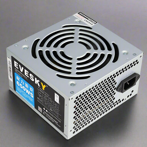 650W modular ATX power supply with flat black cables
80+ Gold-rated PSU with USA plug and quiet fan
Side view of 650W semi-modular gaming PSU