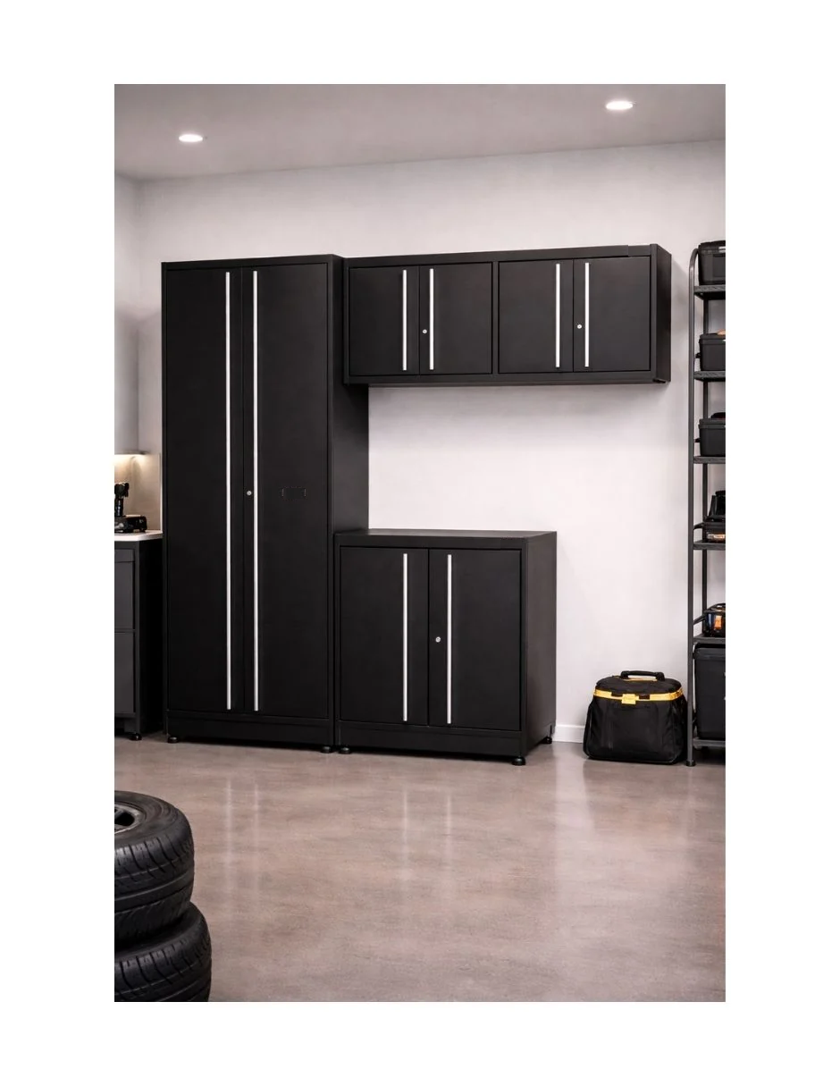  4-Piece Stainless Steel Garage Cabinet Set with Workbench, Wall Cabinets & Tall Storage Cabinet HTC3280PC