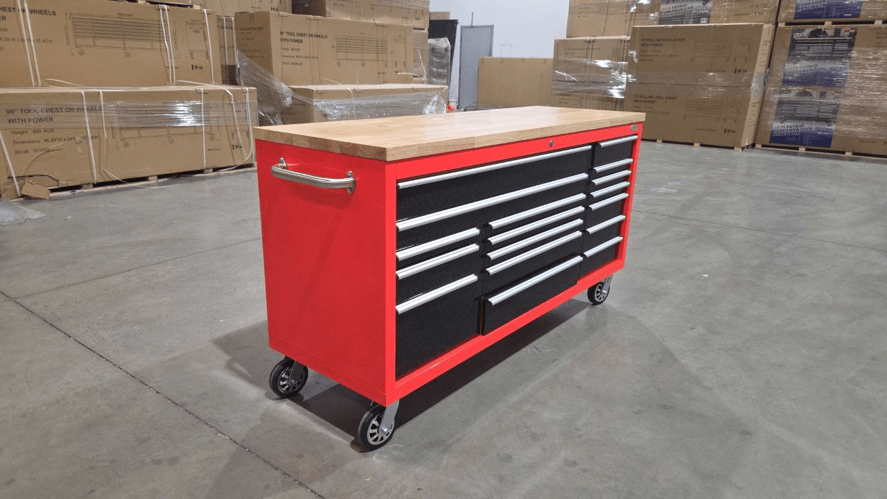 6FT 17 - Drawer Tool Bench Workstation & Tool Box – Heavy - Duty Rolling Workbench with Power Outlets & USB | Multi - Color Options - with Red Forge Shadow | Sold by Uncle Wiener's Wholesale