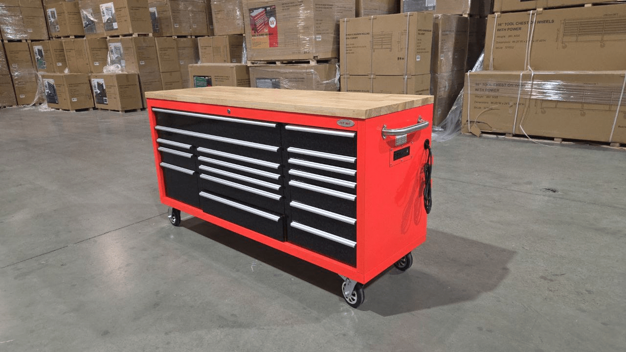 6FT 17 - Drawer Tool Bench Workstation & Tool Box – Heavy - Duty Rolling Workbench with Power Outlets & USB | Multi - Color Options - with Red Forge Shadow | Sold by Uncle Wiener's Wholesale
