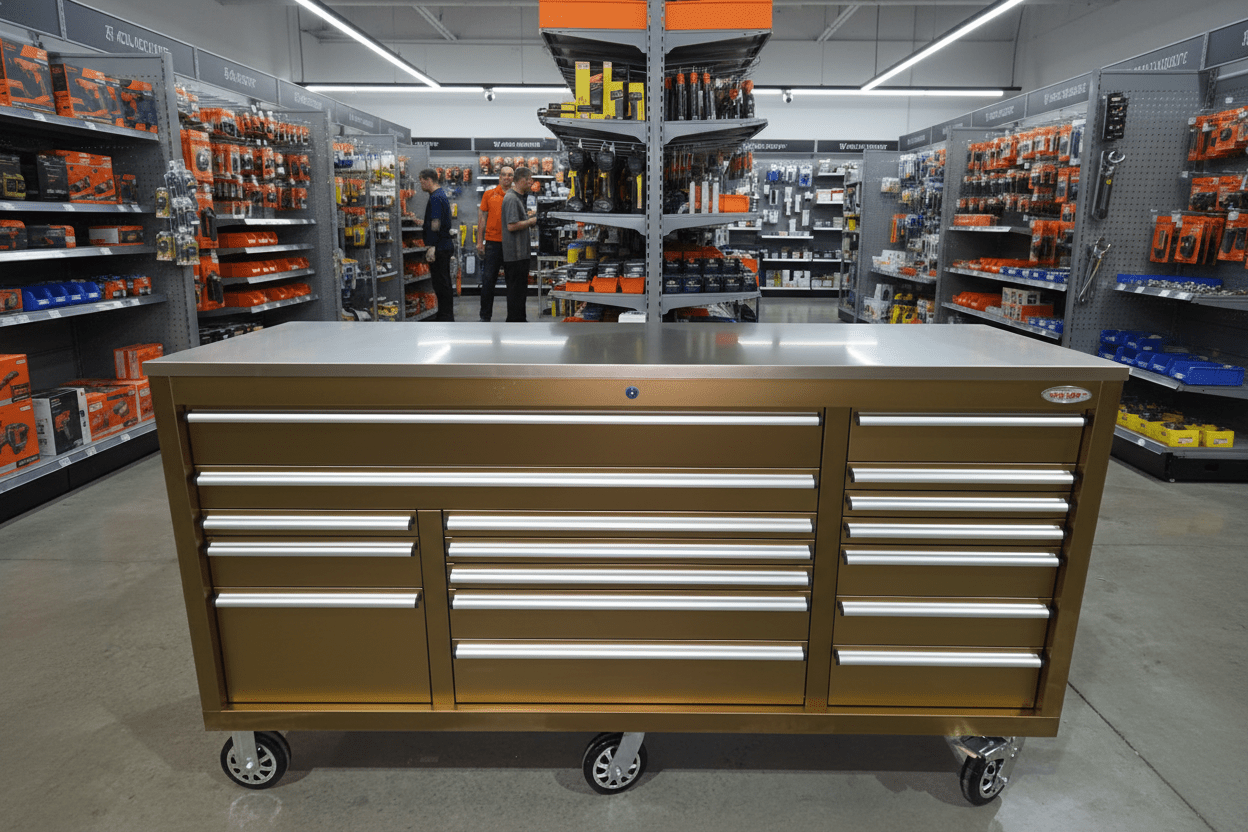 6FT 17 - Drawer Tool Bench Workstation & Tool Box – Heavy - Duty Rolling Workbench with Power Outlets & USB | Multi - Color Options - with Gold Metal | Sold by Uncle Wiener's Wholesale