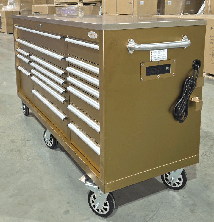 6FT 17 - Drawer Tool Bench Workstation & Tool Box – Heavy - Duty Rolling Workbench with Power Outlets & USB | Multi - Color Options - with Gold Metal | Sold by Uncle Wiener's Wholesale