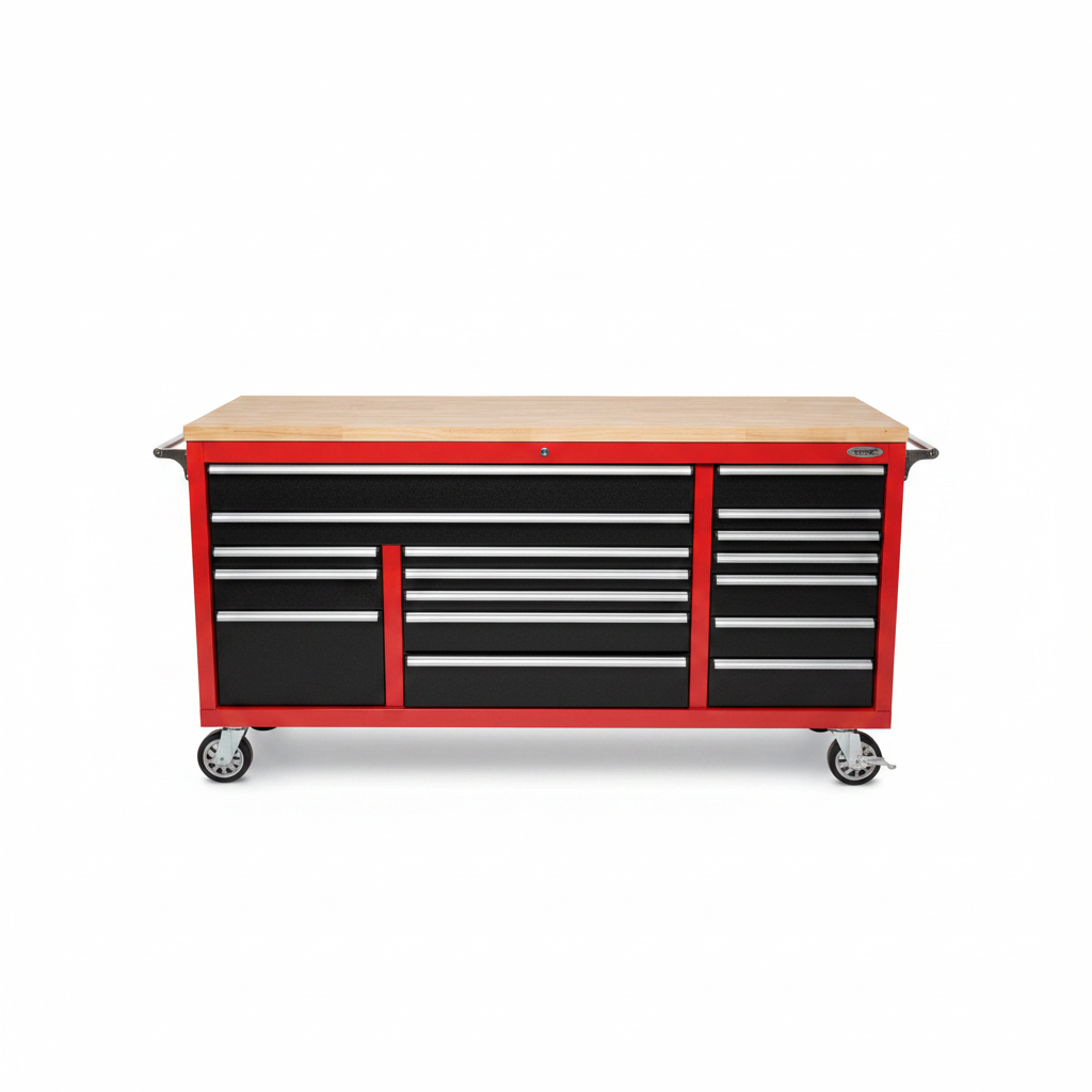 6FT 17 - Drawer Tool Bench Workstation & Tool Box – Heavy - Duty Rolling Workbench with Power Outlets & USB | Multi - Color Options - with Red Forge Shadow | Sold by Uncle Wiener's Wholesale