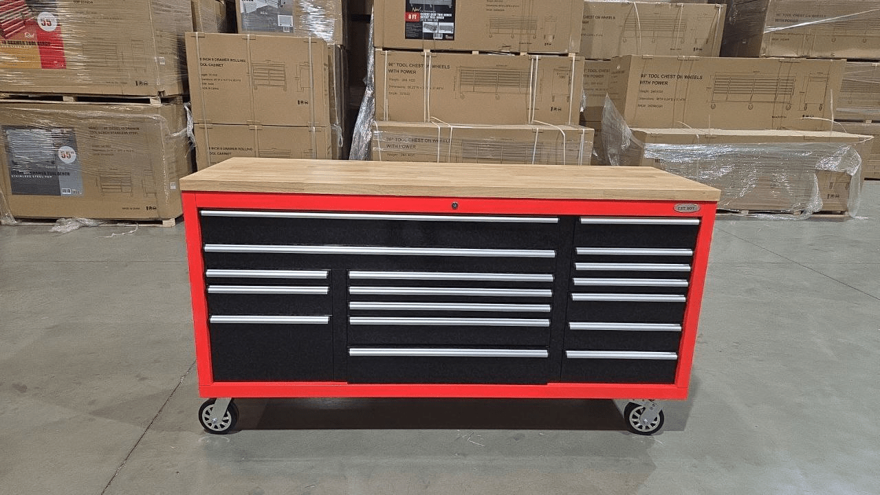 6FT 17 - Drawer Tool Bench Workstation & Tool Box – Heavy - Duty Rolling Workbench with Power Outlets & USB | Multi - Color Options - with Red Forge Shadow | Sold by Uncle Wiener's Wholesale
