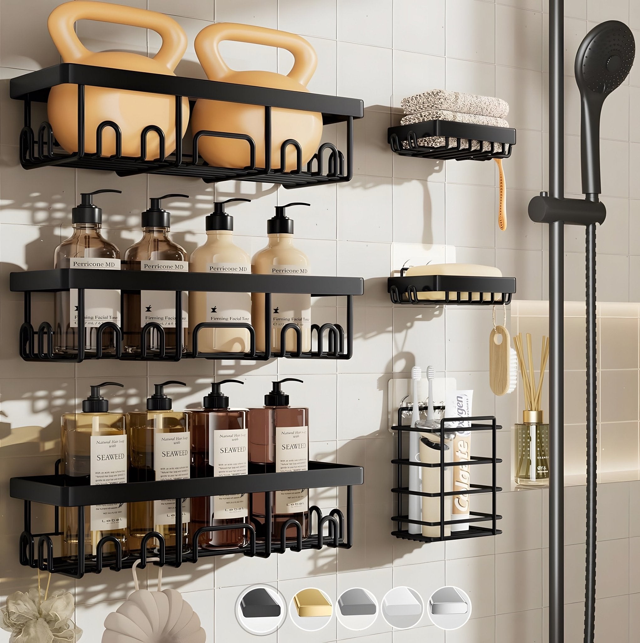 6pc Shower Caddy Set Adhesive Bathroom Shelves No Drill Rustproof Organizer SC06P - with | Sold by Uncle Wiener's Wholesale