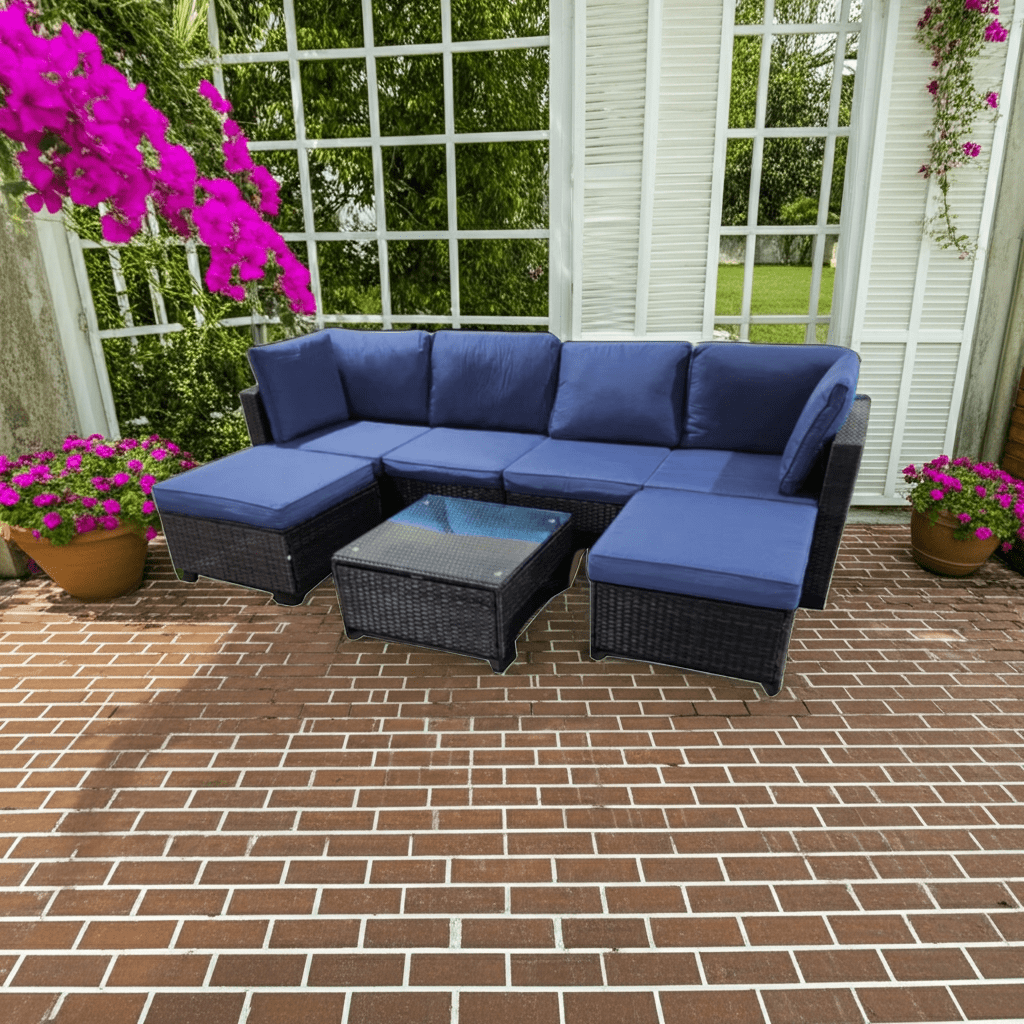 7 - Piece Outdoor Patio Rattan Sectional Sofa Set with Cushions & Coffee Table - with 7 - Piece Sectional with Arm Sofas & Coffee Table | Sold by Uncle Wiener's Wholesale