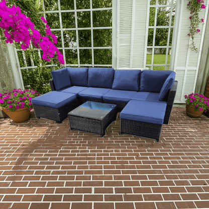 7 - Piece Outdoor Patio Rattan Sectional Sofa Set with Cushions & Coffee Table - with 7 - Piece Sectional with Arm Sofas & Coffee Table | Sold by Uncle Wiener's Wholesale