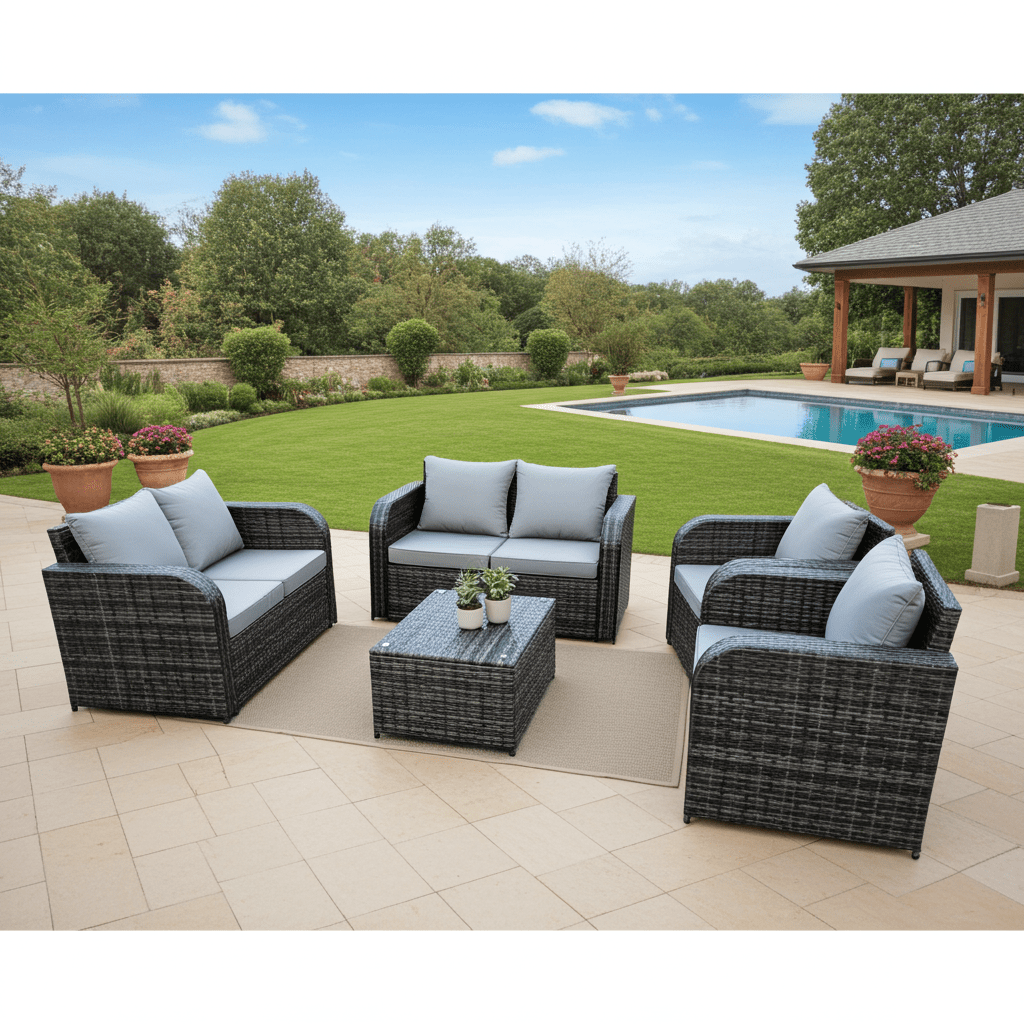 7 - Piece Outdoor Recliner Sofa Set with Table – Weatherproof Rattan & Metal Frame – Model 5S22058 - Furniture with | Sold by Uncle Wiener's Wholesale