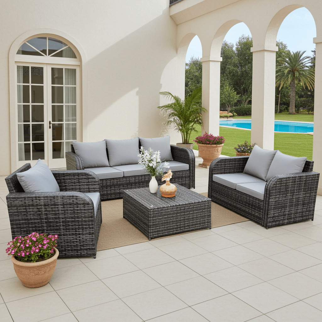 7 - Piece Outdoor Recliner Sofa Set with Table – Weatherproof Rattan & Metal Frame – Model 5S22058 - Furniture with | Sold by Uncle Wiener's Wholesale