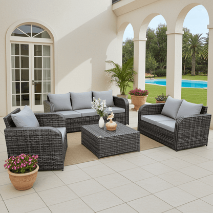 7 - Piece Outdoor Recliner Sofa Set with Table – Weatherproof Rattan & Metal Frame – Model 5S22058 - Furniture with | Sold by Uncle Wiener's Wholesale