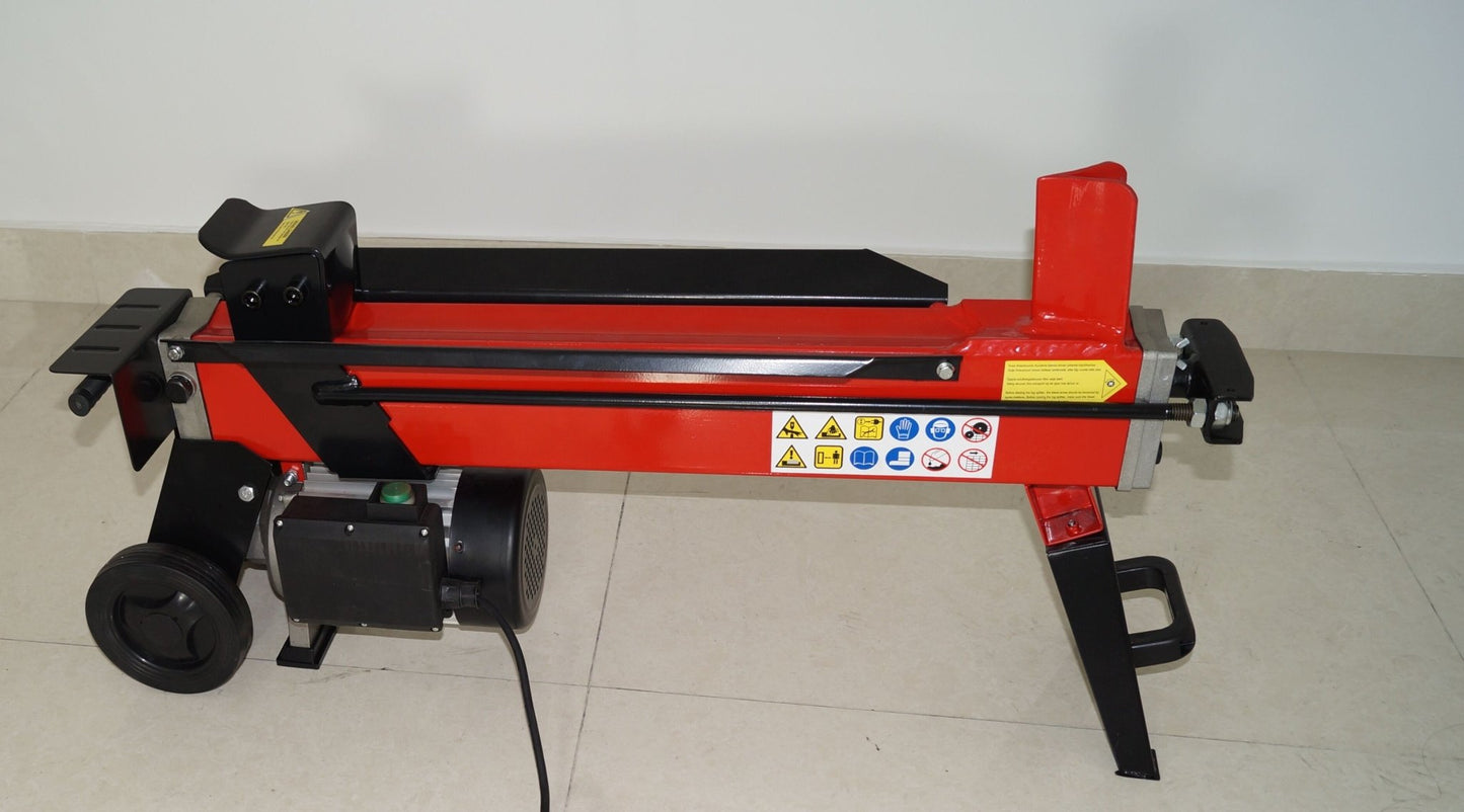 7-Ton electric hydraulic log splitter side view

Compact electric log splitter with wheels and handle

Heavy-duty red log splitter for firewood