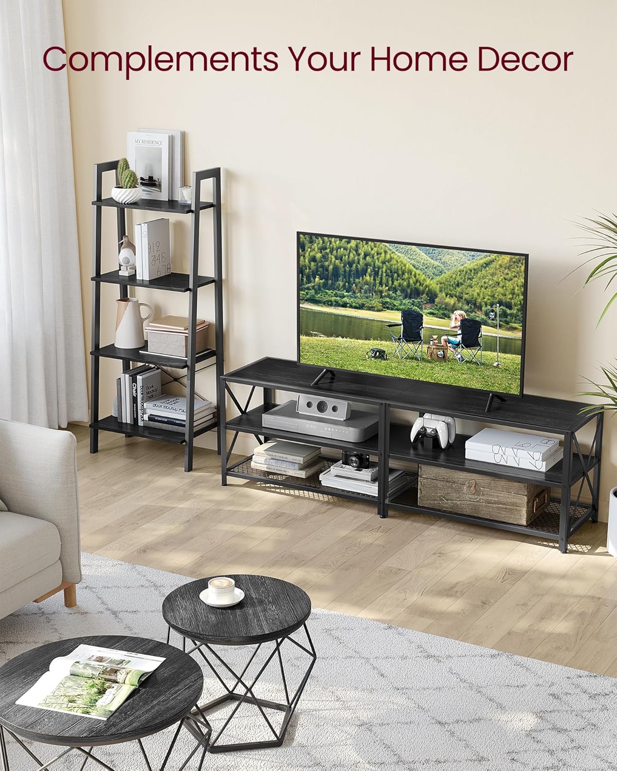 70 Inch Industrial TV Stand with Storage Shelves, Entertainment Center with Steel Frame and Mesh Shelf for Living Room and Bedroom LTV095 Series - with Charcoal Gray and Ink Black | Sold by Uncle Wiener's Wholesale