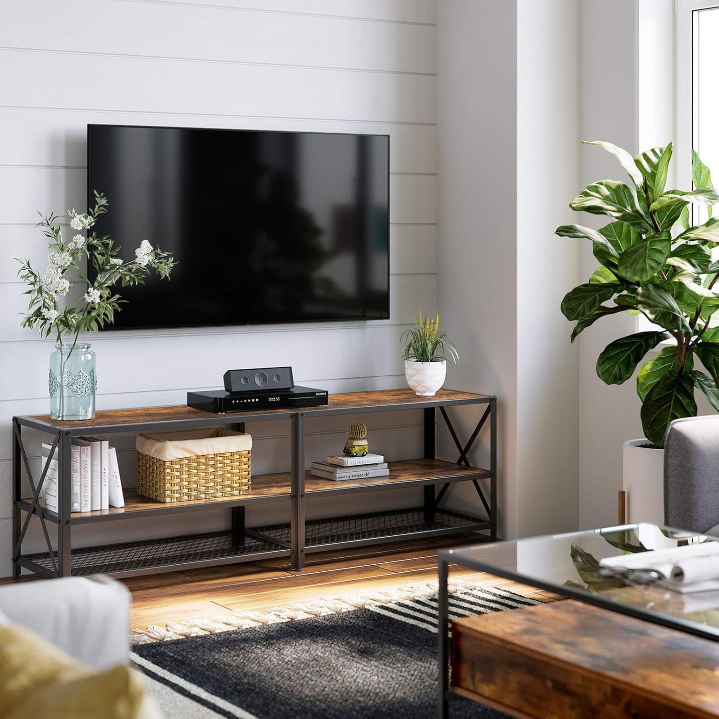 70 Inch Industrial TV Stand with Storage Shelves, Entertainment Center with Steel Frame and Mesh Shelf for Living Room and Bedroom LTV095 Series - with Rustic Brown and Ink Black | Sold by Uncle Wiener's Wholesale