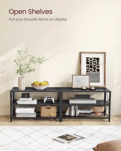 70 Inch Industrial TV Stand with Storage Shelves, Entertainment Center with Steel Frame and Mesh Shelf for Living Room and Bedroom LTV095 Series - with Charcoal Gray and Ink Black | Sold by Uncle Wiener's Wholesale