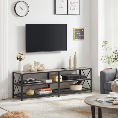 70 Inch Industrial TV Stand with Storage Shelves, Entertainment Center with Steel Frame and Mesh Shelf for Living Room and Bedroom LTV095 Series - with Heather Greige and Ink Black | Sold by Uncle Wiener's Wholesale
