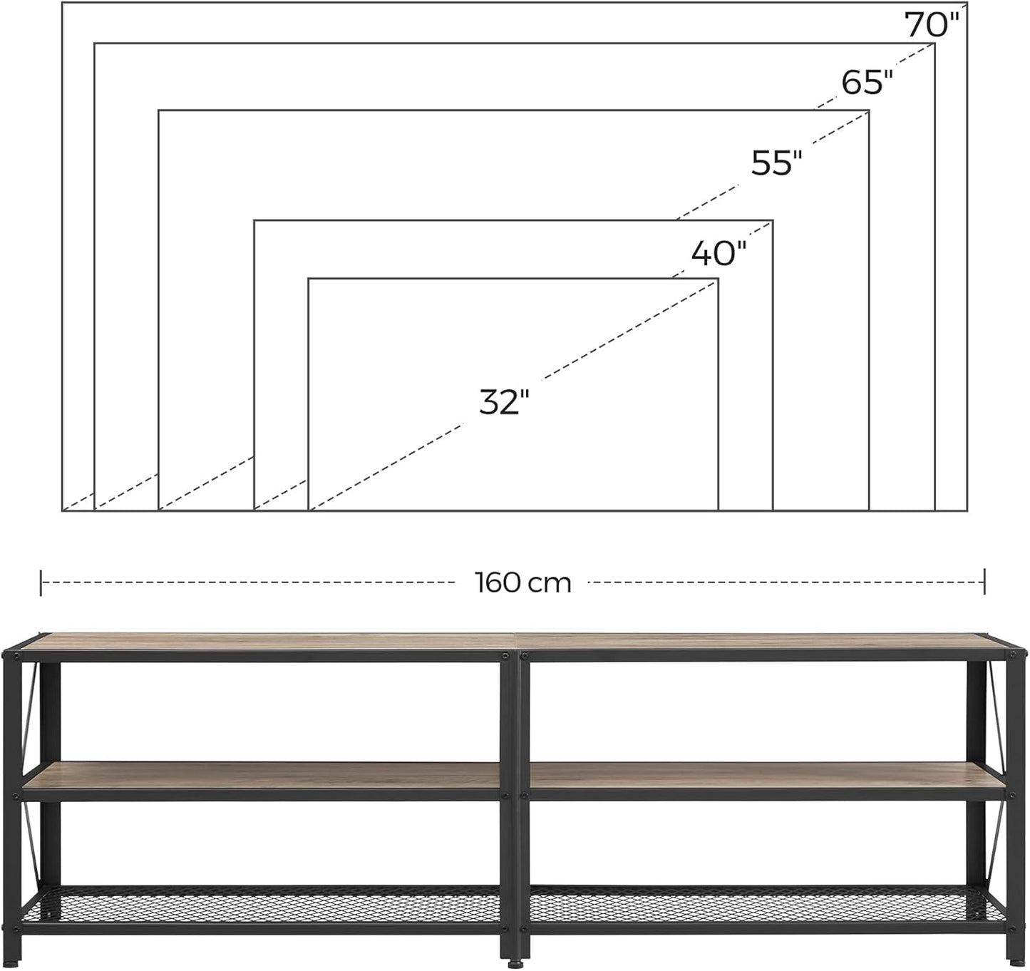 70 Inch Industrial TV Stand with Storage Shelves, Entertainment Center with Steel Frame and Mesh Shelf for Living Room and Bedroom LTV095 Series - with Heather Greige and Ink Black | Sold by Uncle Wiener's Wholesale