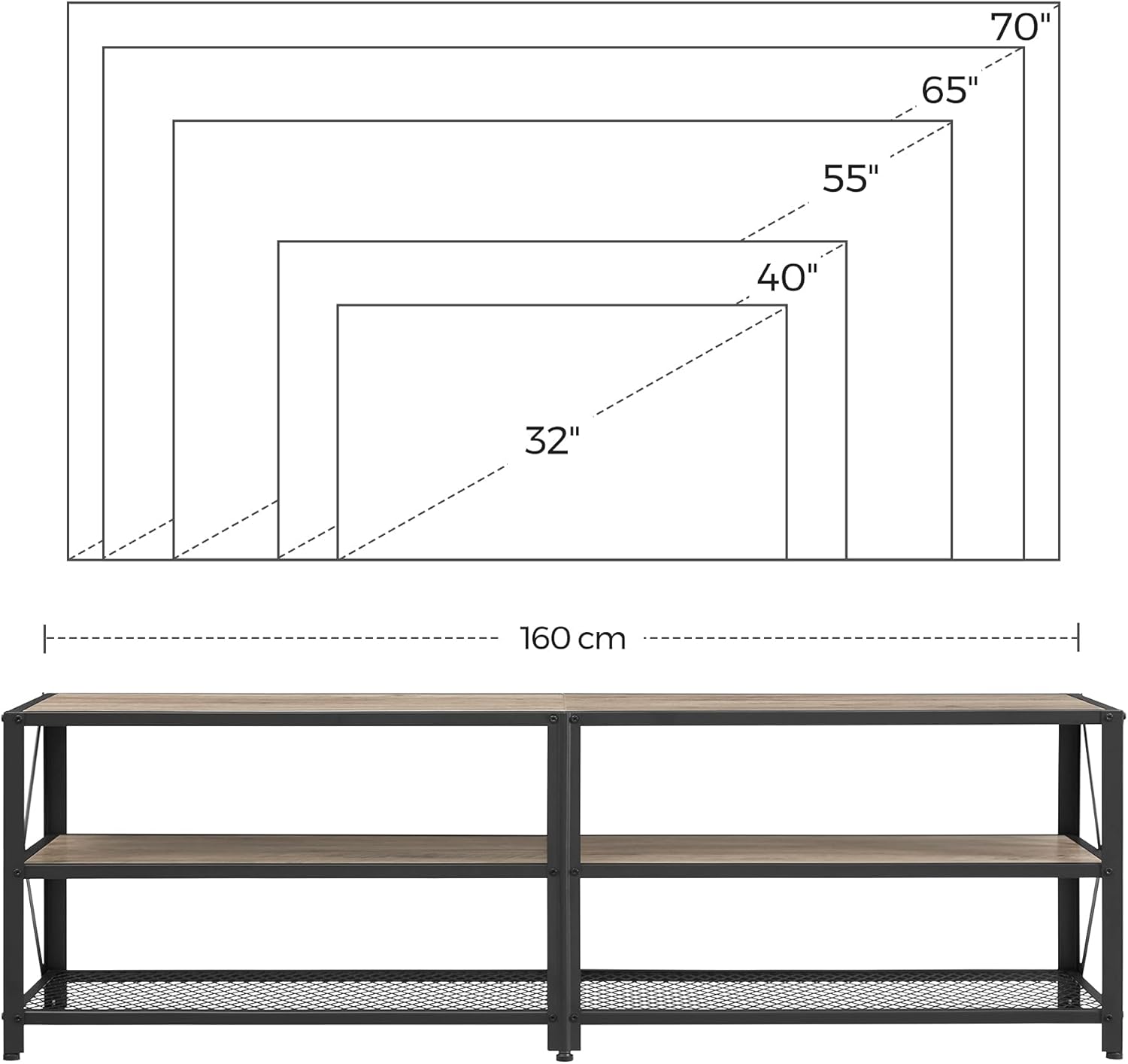 70 Inch Industrial TV Stand with Storage Shelves, Entertainment Center with Steel Frame and Mesh Shelf for Living Room and Bedroom LTV095 Series - with Heather Greige and Ink Black | Sold by Uncle Wiener's Wholesale