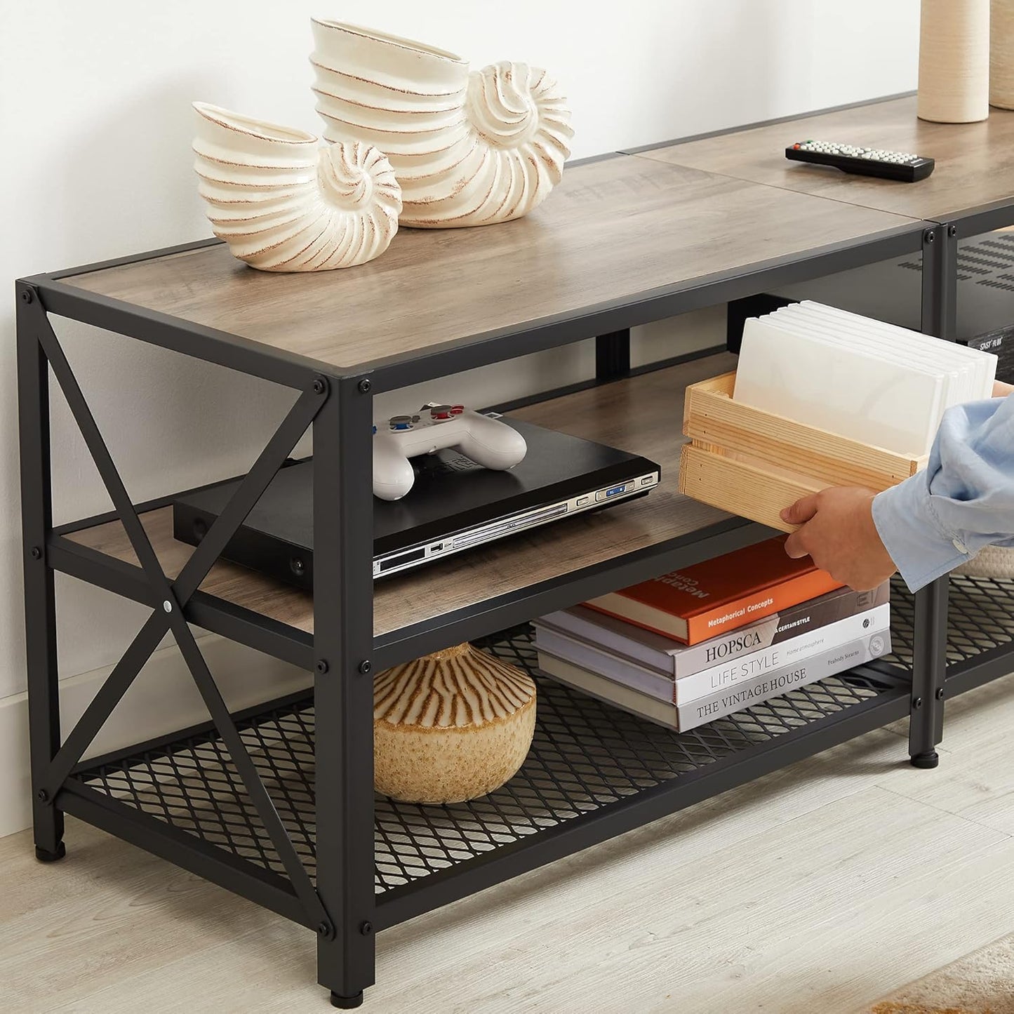 70 Inch Industrial TV Stand with Storage Shelves, Entertainment Center with Steel Frame and Mesh Shelf for Living Room and Bedroom LTV095 Series - with Heather Greige and Ink Black | Sold by Uncle Wiener's Wholesale
