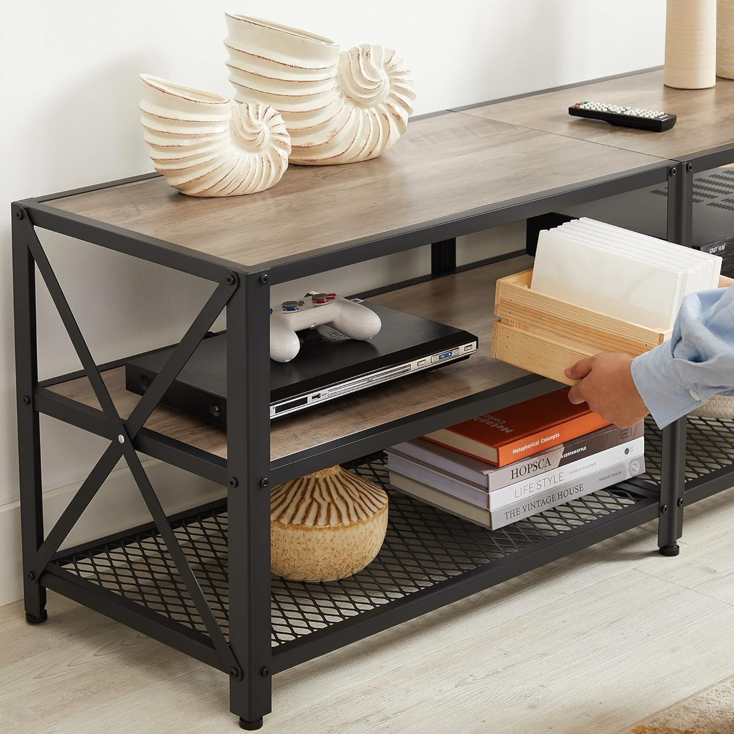 70 Inch Industrial TV Stand with Storage Shelves, Entertainment Center with Steel Frame and Mesh Shelf for Living Room and Bedroom LTV095 Series - with Heather Greige and Ink Black | Sold by Uncle Wiener's Wholesale