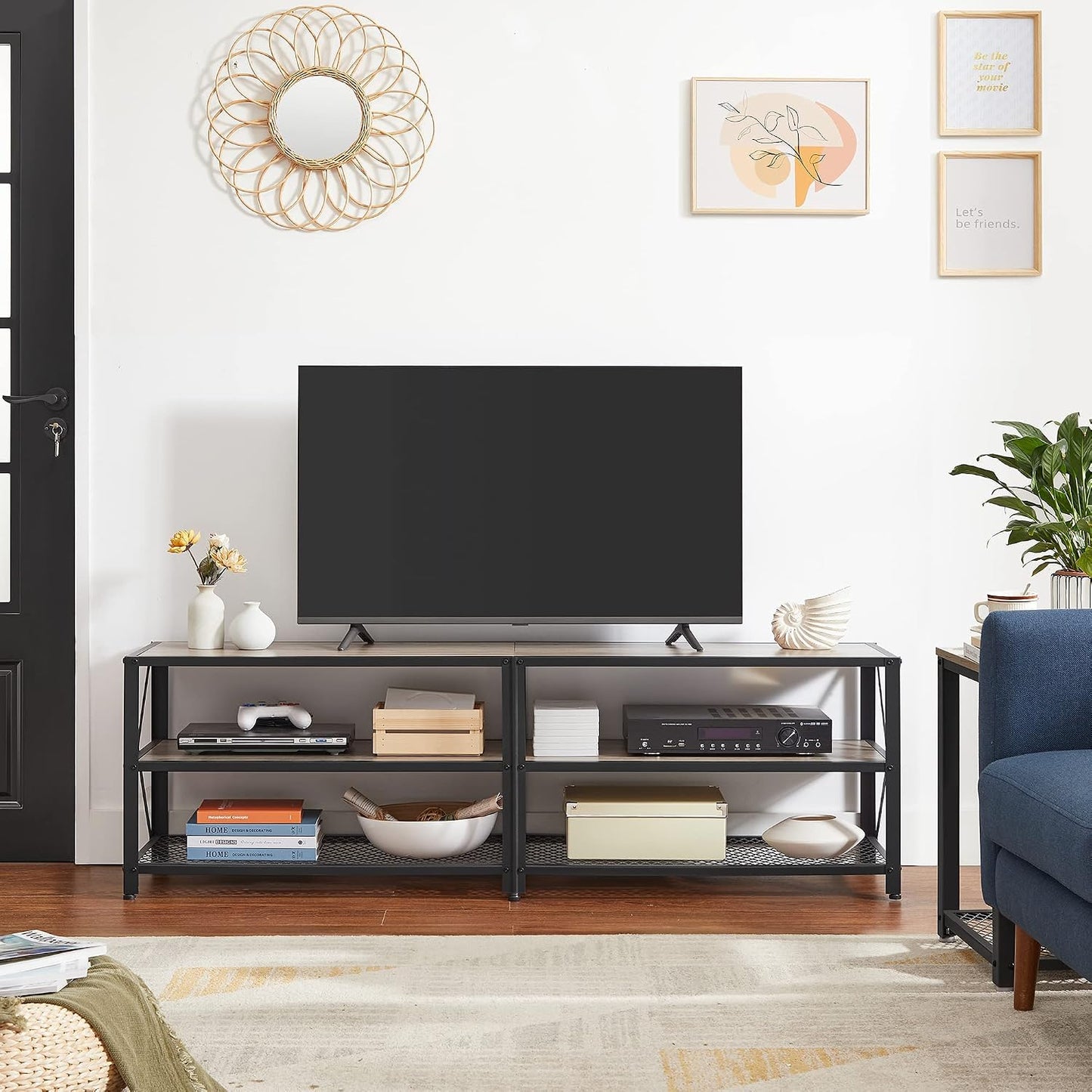 70 Inch Industrial TV Stand with Storage Shelves, Entertainment Center with Steel Frame and Mesh Shelf for Living Room and Bedroom LTV095 Series - with Heather Greige and Ink Black | Sold by Uncle Wiener's Wholesale