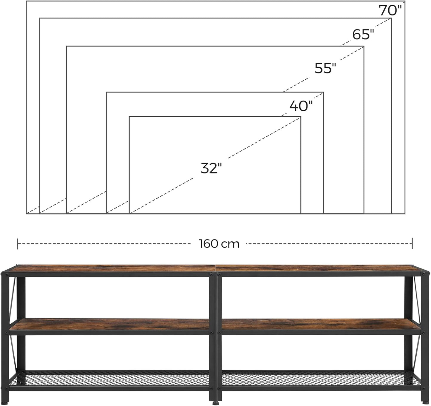 70 Inch Industrial TV Stand with Storage Shelves, Entertainment Center with Steel Frame and Mesh Shelf for Living Room and Bedroom LTV095 Series - with Rustic Brown and Ink Black | Sold by Uncle Wiener's Wholesale
