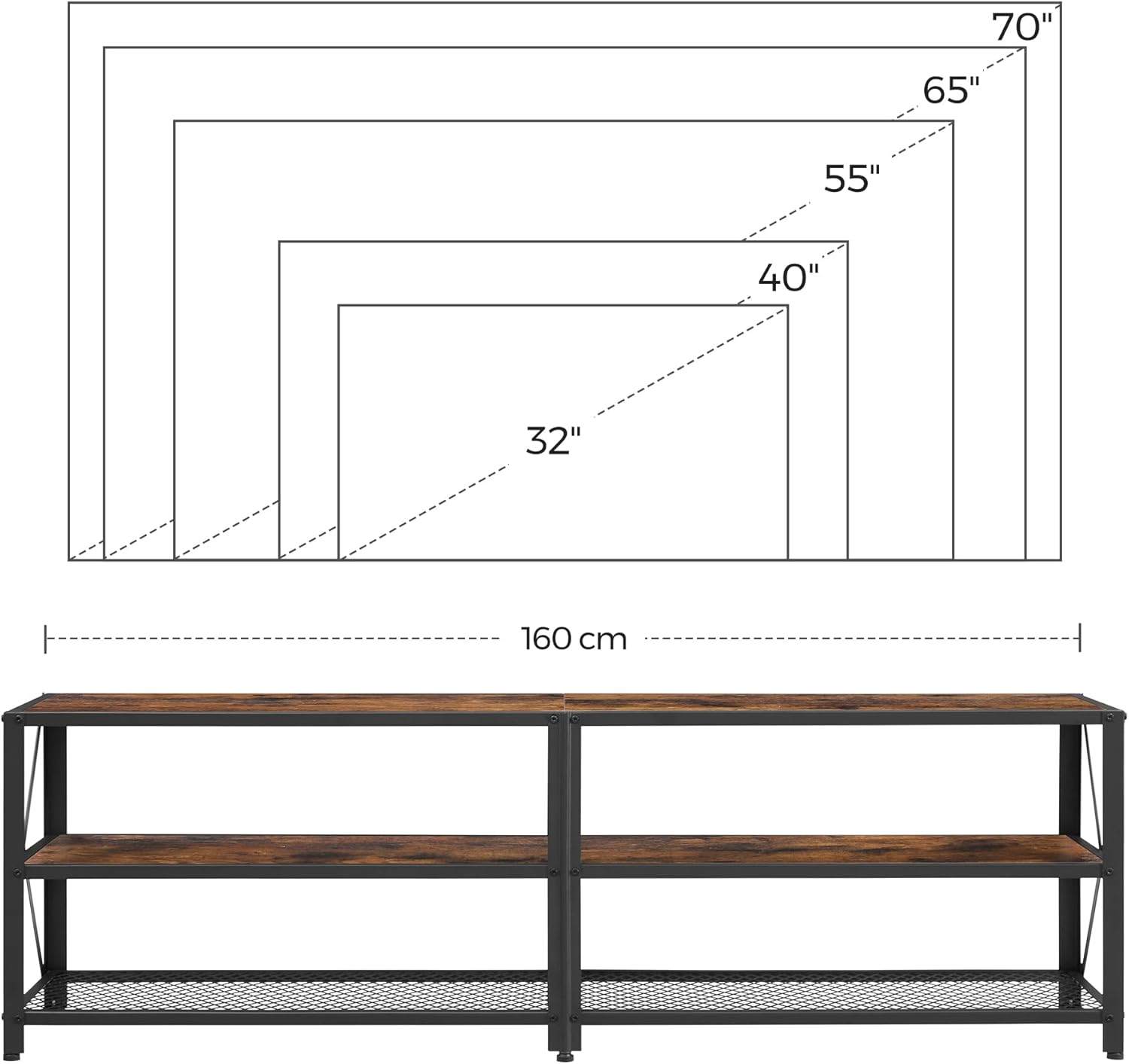 70 Inch Industrial TV Stand with Storage Shelves, Entertainment Center with Steel Frame and Mesh Shelf for Living Room and Bedroom LTV095 Series - with Rustic Brown and Ink Black | Sold by Uncle Wiener's Wholesale