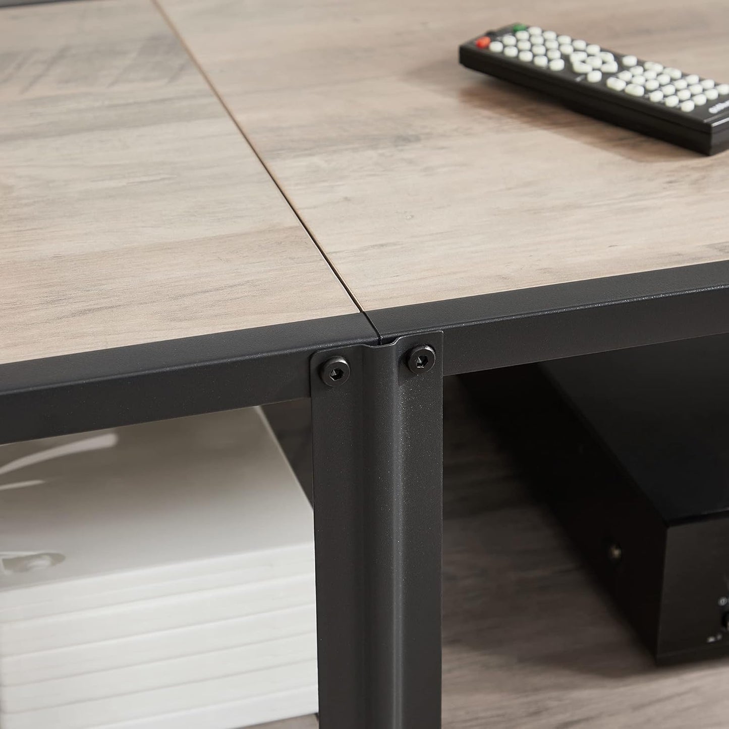 70 Inch Industrial TV Stand with Storage Shelves, Entertainment Center with Steel Frame and Mesh Shelf for Living Room and Bedroom LTV095 Series - with Heather Greige and Ink Black | Sold by Uncle Wiener's Wholesale