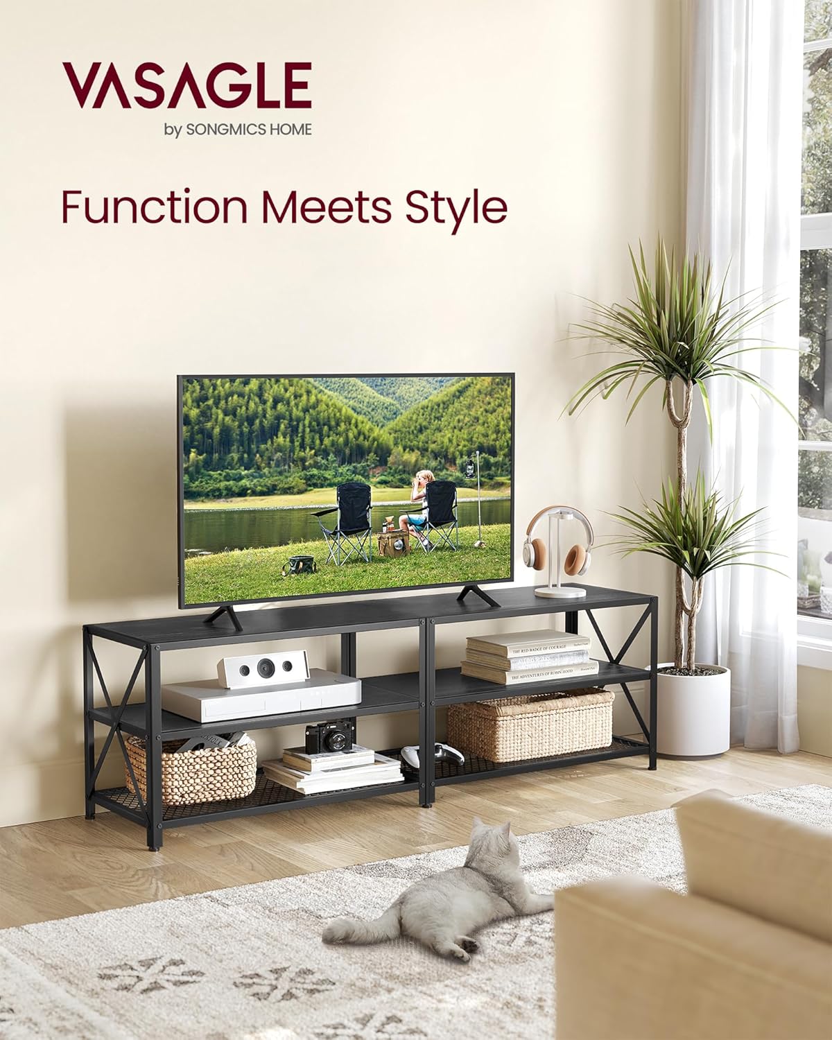 70 Inch Industrial TV Stand with Storage Shelves, Entertainment Center with Steel Frame and Mesh Shelf for Living Room and Bedroom LTV095 Series - with Charcoal Gray and Ink Black | Sold by Uncle Wiener's Wholesale