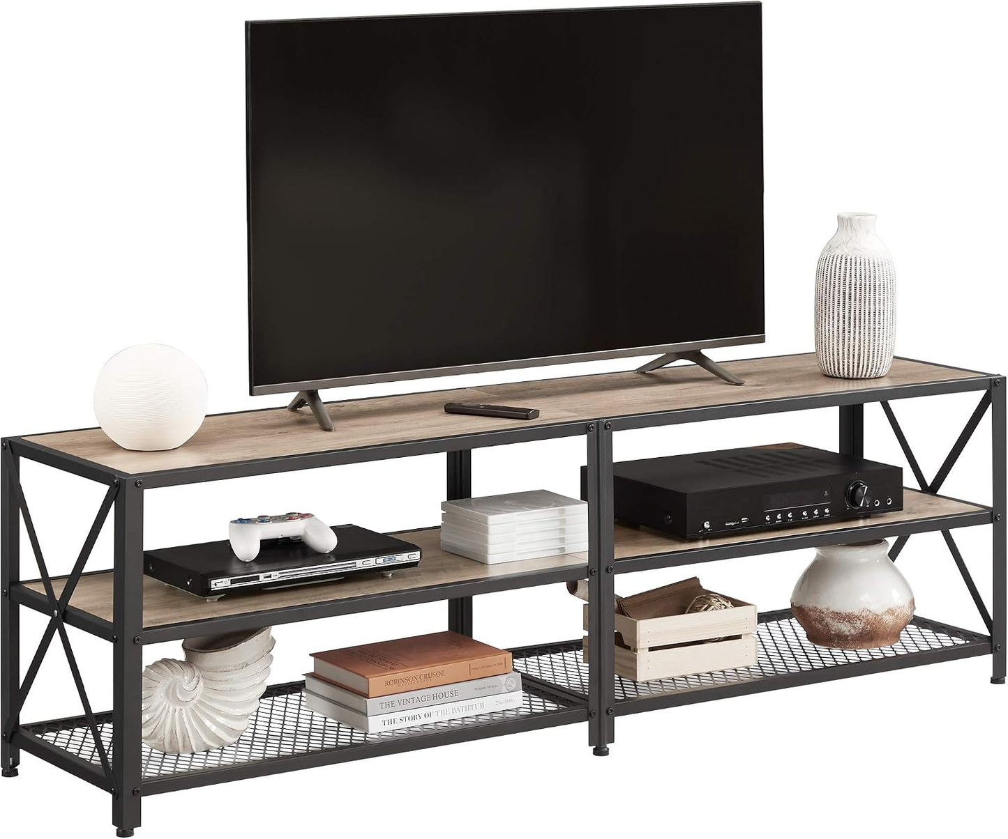 70 Inch Industrial TV Stand with Storage Shelves, Entertainment Center with Steel Frame and Mesh Shelf for Living Room and Bedroom LTV095 Series - with Heather Greige and Ink Black | Sold by Uncle Wiener's Wholesale
