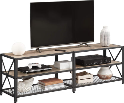 70 Inch Industrial TV Stand with Storage Shelves, Entertainment Center with Steel Frame and Mesh Shelf for Living Room and Bedroom LTV095 Series - with Heather Greige and Ink Black | Sold by Uncle Wiener's Wholesale