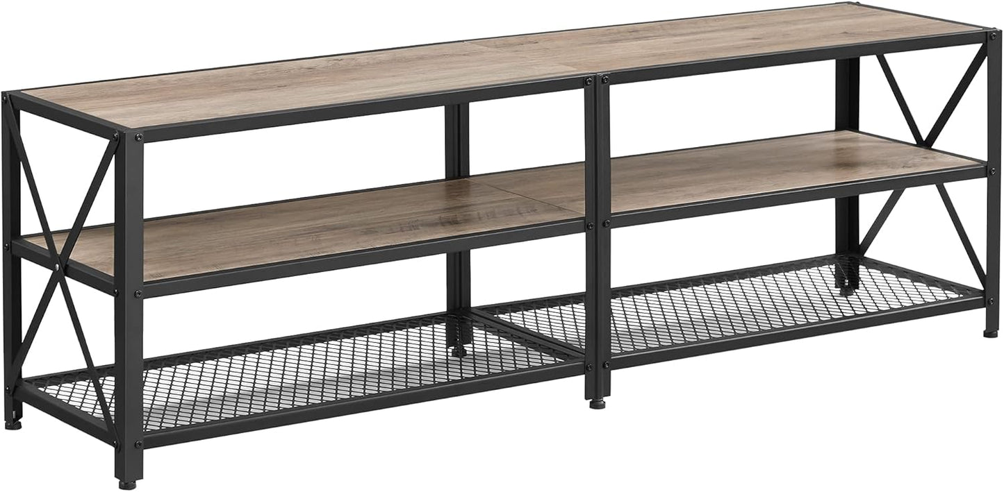 70 Inch Industrial TV Stand with Storage Shelves, Entertainment Center with Steel Frame and Mesh Shelf for Living Room and Bedroom LTV095 Series - with Heather Greige and Ink Black | Sold by Uncle Wiener's Wholesale