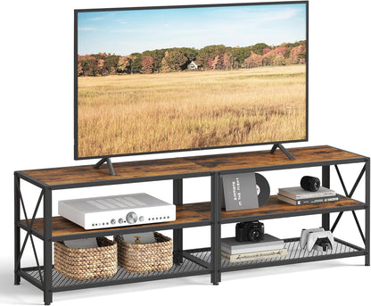 70 Inch Industrial TV Stand with Storage Shelves, Entertainment Center with Steel Frame and Mesh Shelf for Living Room and Bedroom LTV095 Series - with Rustic Brown and Ink Black | Sold by Uncle Wiener's Wholesale