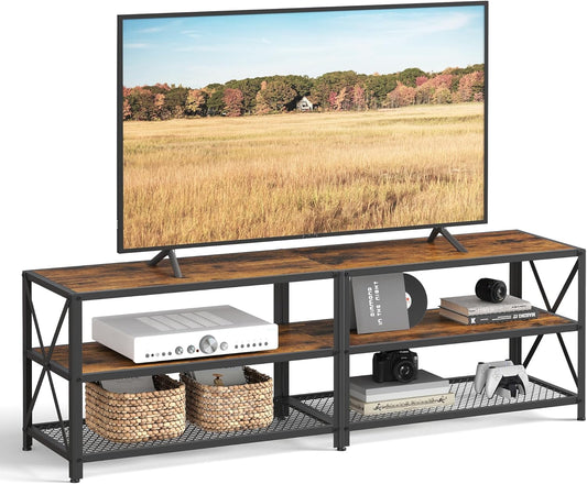 70 Inch Industrial TV Stand with Storage Shelves, Entertainment Center with Steel Frame and Mesh Shelf for Living Room and Bedroom LTV095 Series - with Rustic Brown and Ink Black | Sold by Uncle Wiener's Wholesale