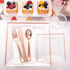 Rose Gold Disposable Dinnerware Set – Square Plastic Plates, Cups & Cutlery for Weddings, Parties, Baby Showers & Special Events