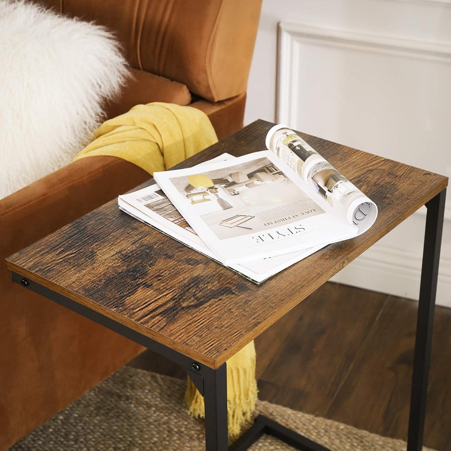 C Shaped End Table for Sofa and Couch, Industrial Side Table, Laptop Tray Table for Living Room, Bedroom and Small Spaces Rustic Brown and Black LNT52BX