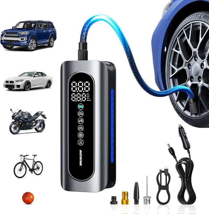 AUTOONE 150 PSI Portable Tire Inflator – 7800mAh Cordless Air Compressor with Digital Pressure Gauge, Auto Shut-Off & 12V Car Adapter