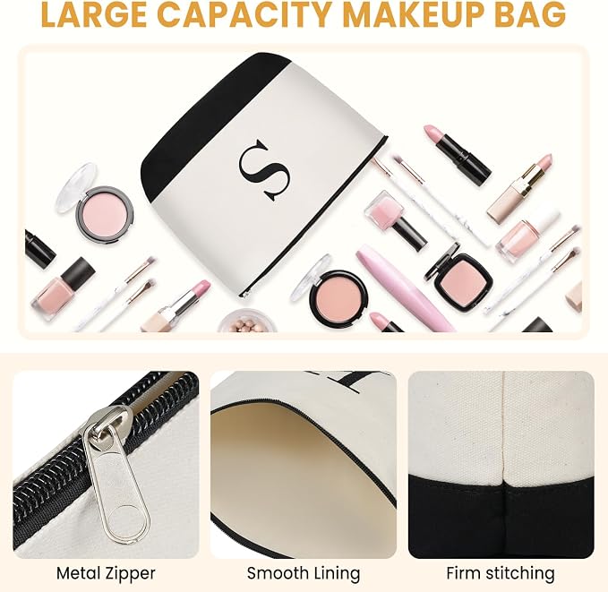 BAGAIL Personalized Initial Tote Bag Set – Large Monogram Canvas Tote with Shoulder Strap & Matching Cosmetic Bag