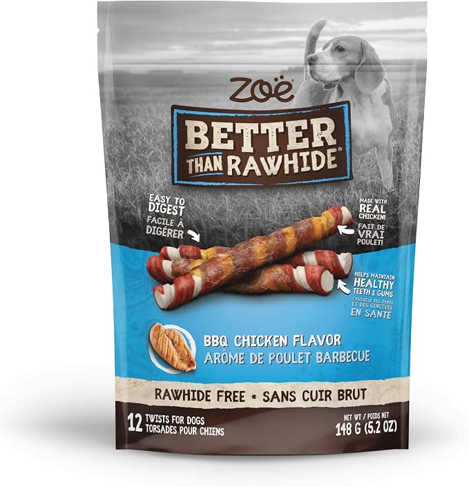 Zoë Better Than Rawhide Dog Chew Twists – Assorted Flavour, Rawhide-Free Treats with Real Chicken, 12 Pack, 148g